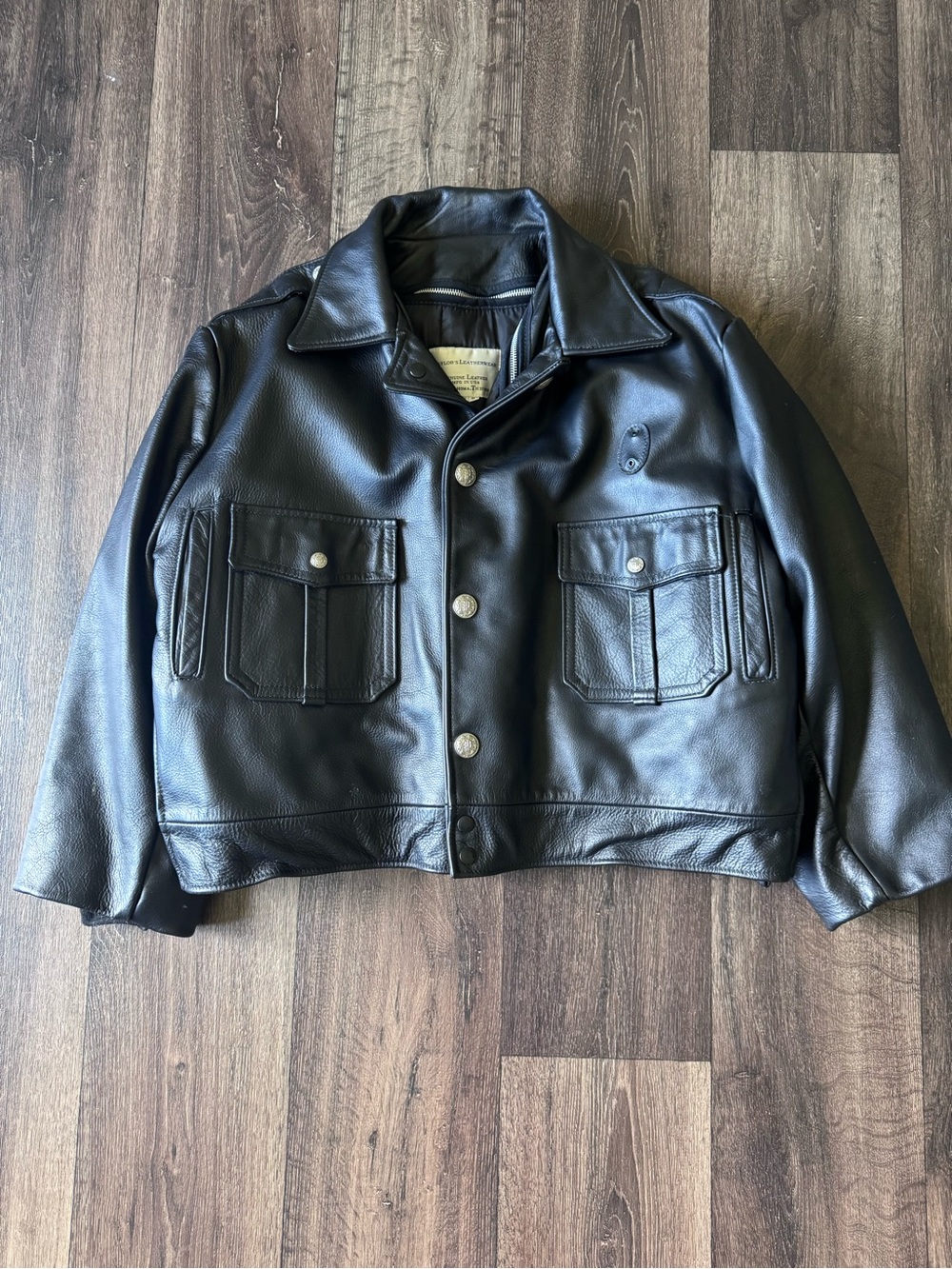 Men's Black Leather Button-Front Bomber Jacket